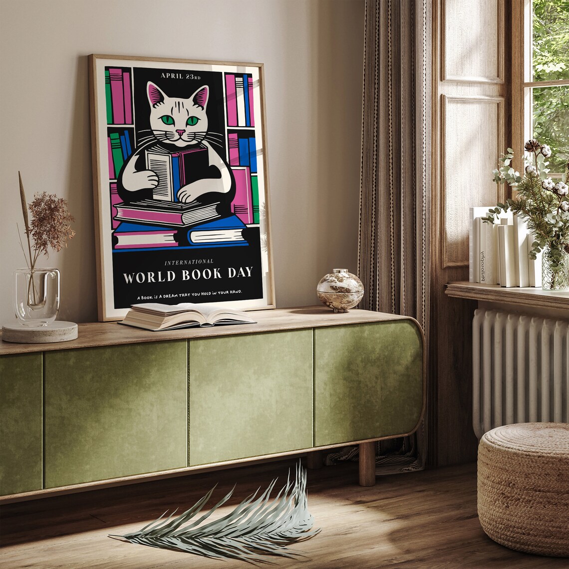 International World Book Day White Cat Reading Quote Art Poster - Image 5