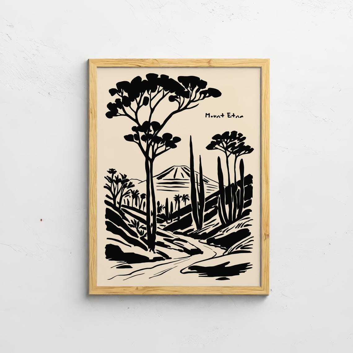 Mount Etna Minimalist Ink Landscape Poster in Black and Cream