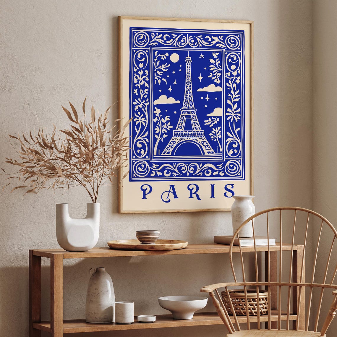 Paris Eiffel Tower Moonlit Indigo Ink Vintage Style Travel Poster - Image 3