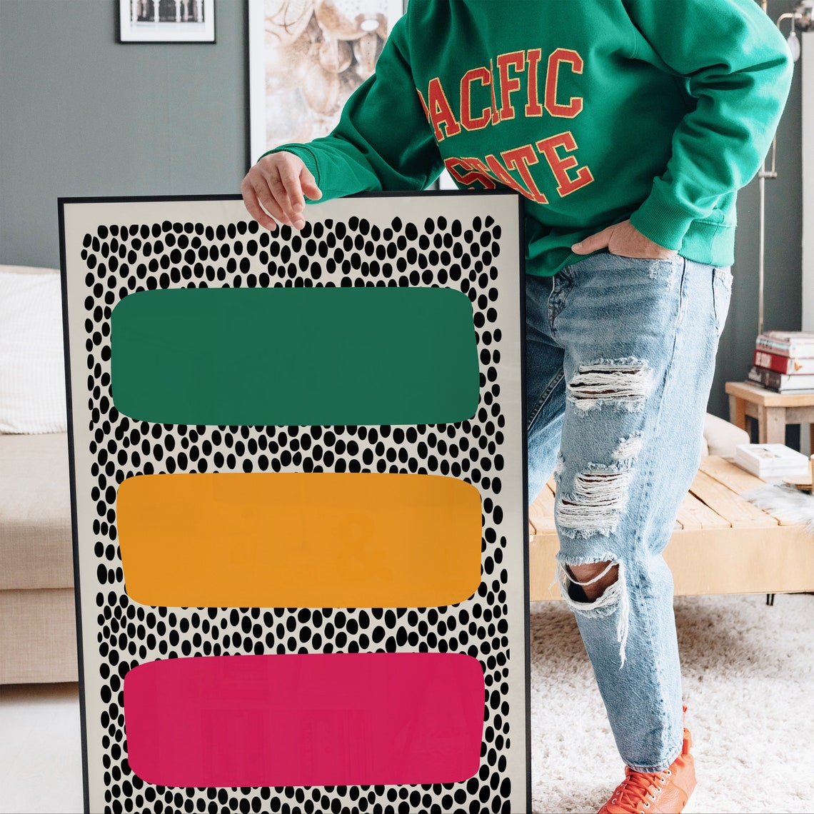 Mid Century Modern Abstract Color Blocks Dotted Pattern Art Print - Image 4