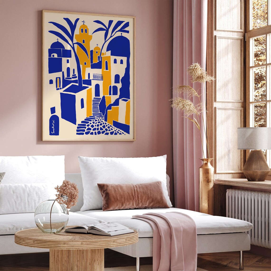 Colorful Santorini Village Poster In Blue And Warm Ochre Tones - Image 2