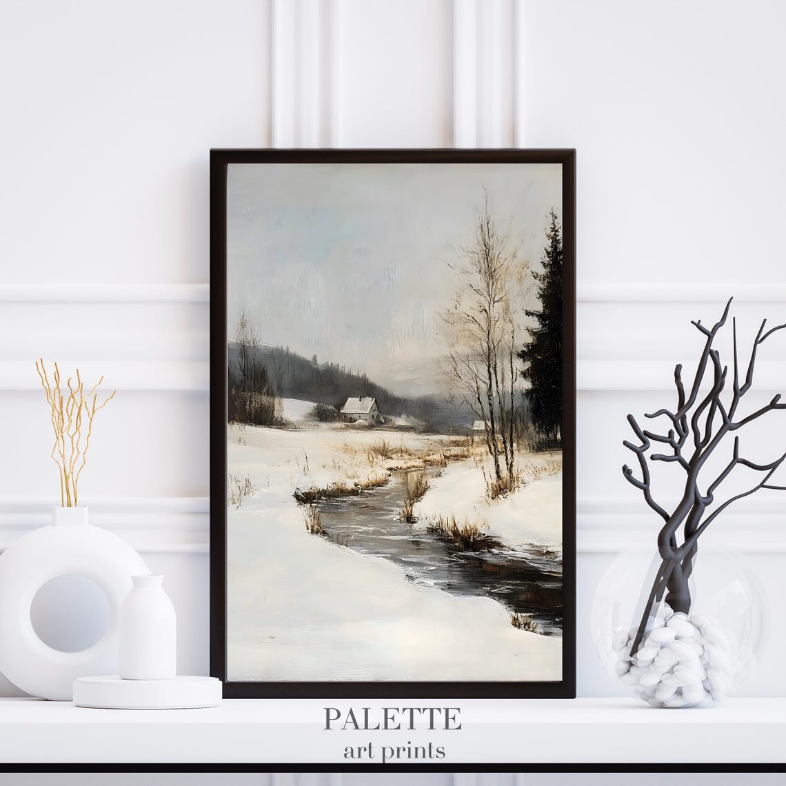 Snowy Cabin Frozen Creek Quiet Woods Rustic Winter Landscape Poster - Image 3