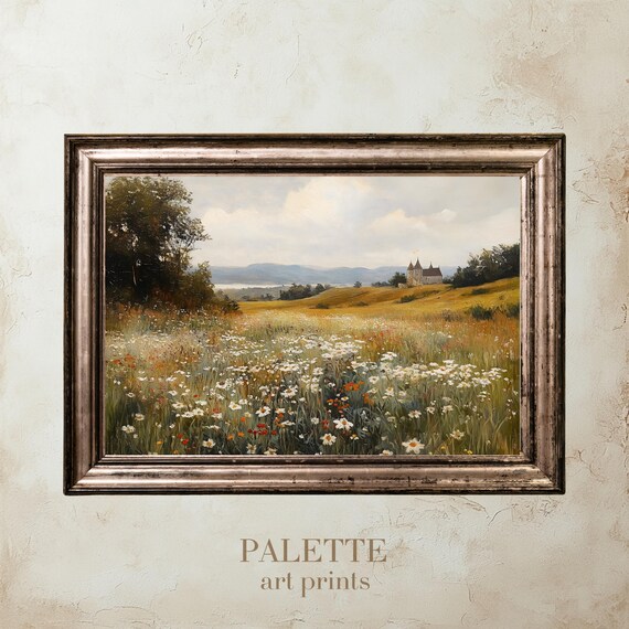 Wildflower Meadow with Distant Castle Rolling Hills Landscape Poster
