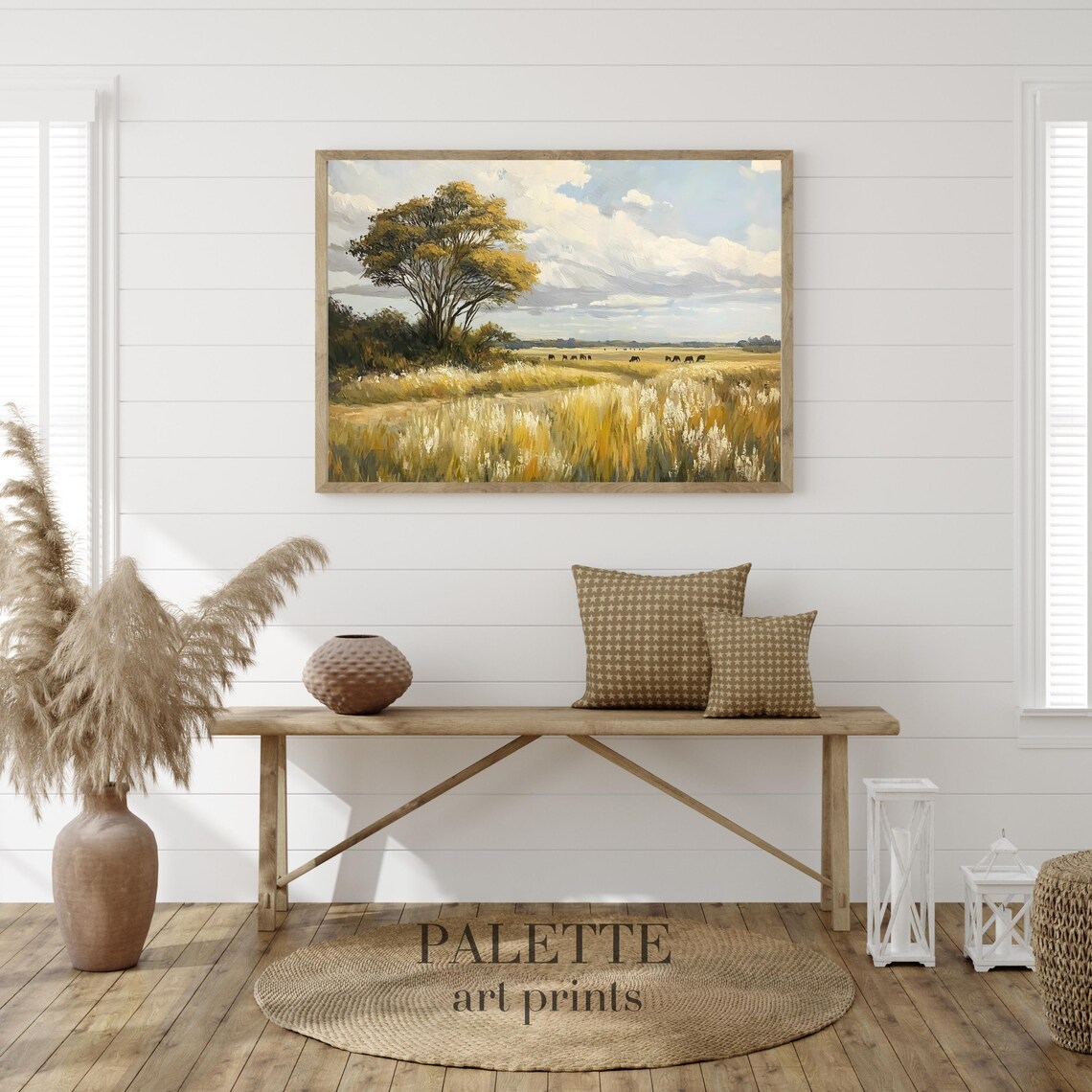 Golden Pasture Big Tree Grazing Cattle Country Landscape Wall Art - Image 3