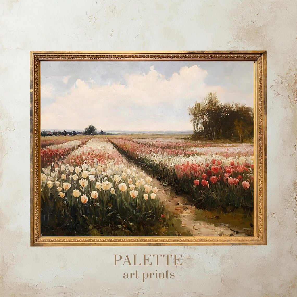 Tulip Field Red White Rows Spring Bloom Floral Landscape Poster