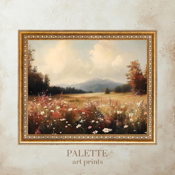 Golden Meadow With Distant Mountains Oil Painting Serene Landscape Wall Art For Nature Lovers Rustic Home Accent Lnd043