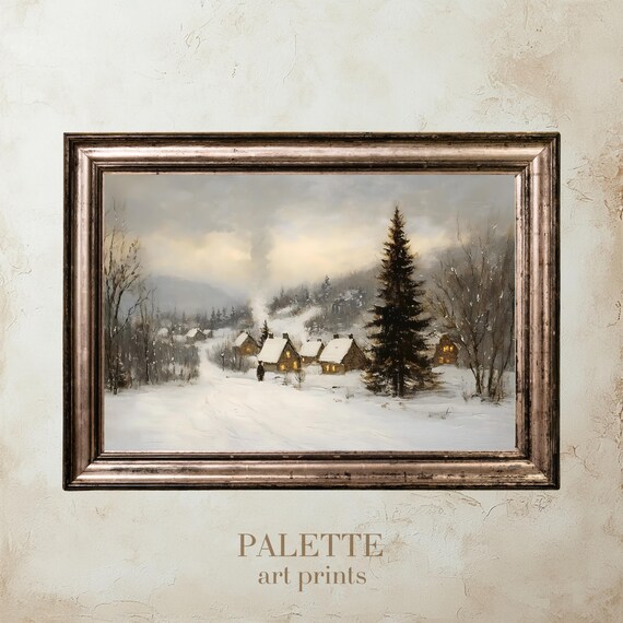 Cozy Snowy Winter Village Cabins with Warm Lights Night Poster