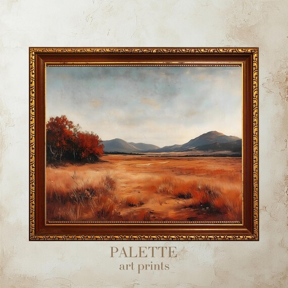 Warm Autumn Meadow With A Rustic Red Tree Beneath Mountains Poster