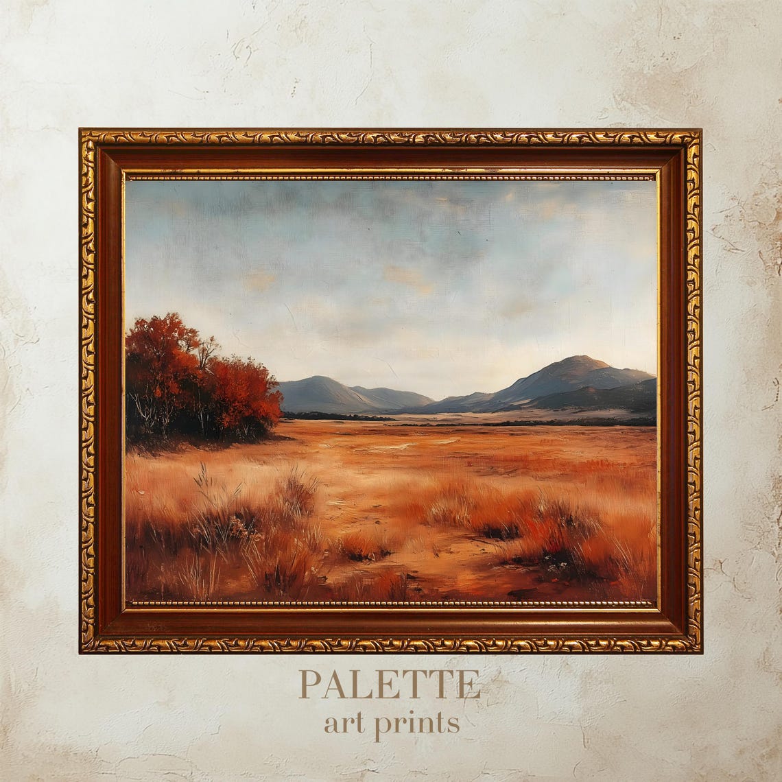 Warm Autumn Meadow With A Rustic Red Tree Beneath Mountains Poster