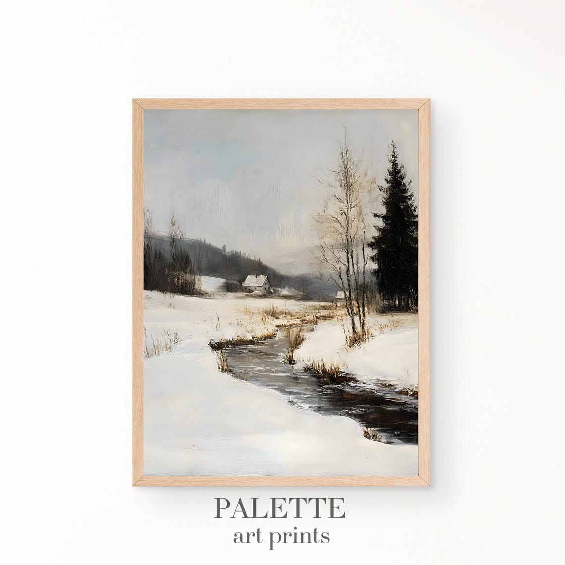 Snowy Cabin Frozen Creek Quiet Woods Rustic Winter Landscape Poster
