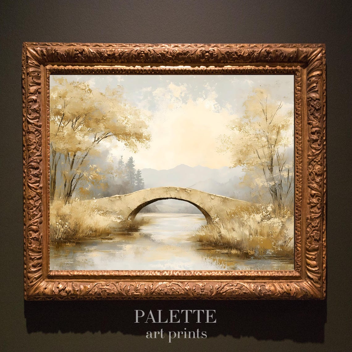 Golden Stone Bridge Over A Calm Autumn River In Soft Light Poster - Image 3