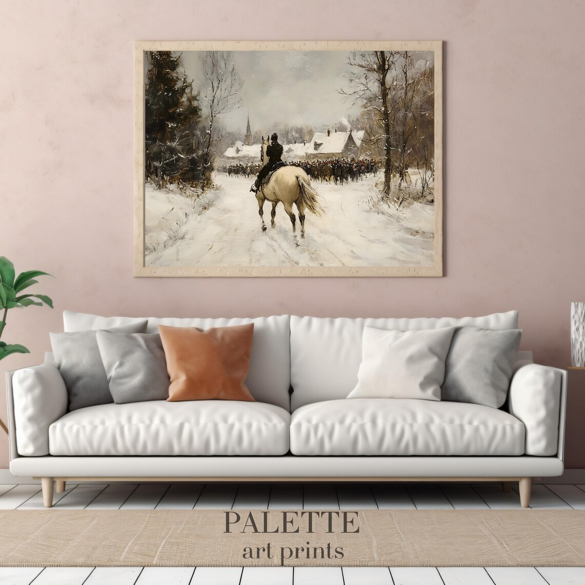 Mounted Soldier in Snowy Village Historic Winter Painting Poster - Image 3