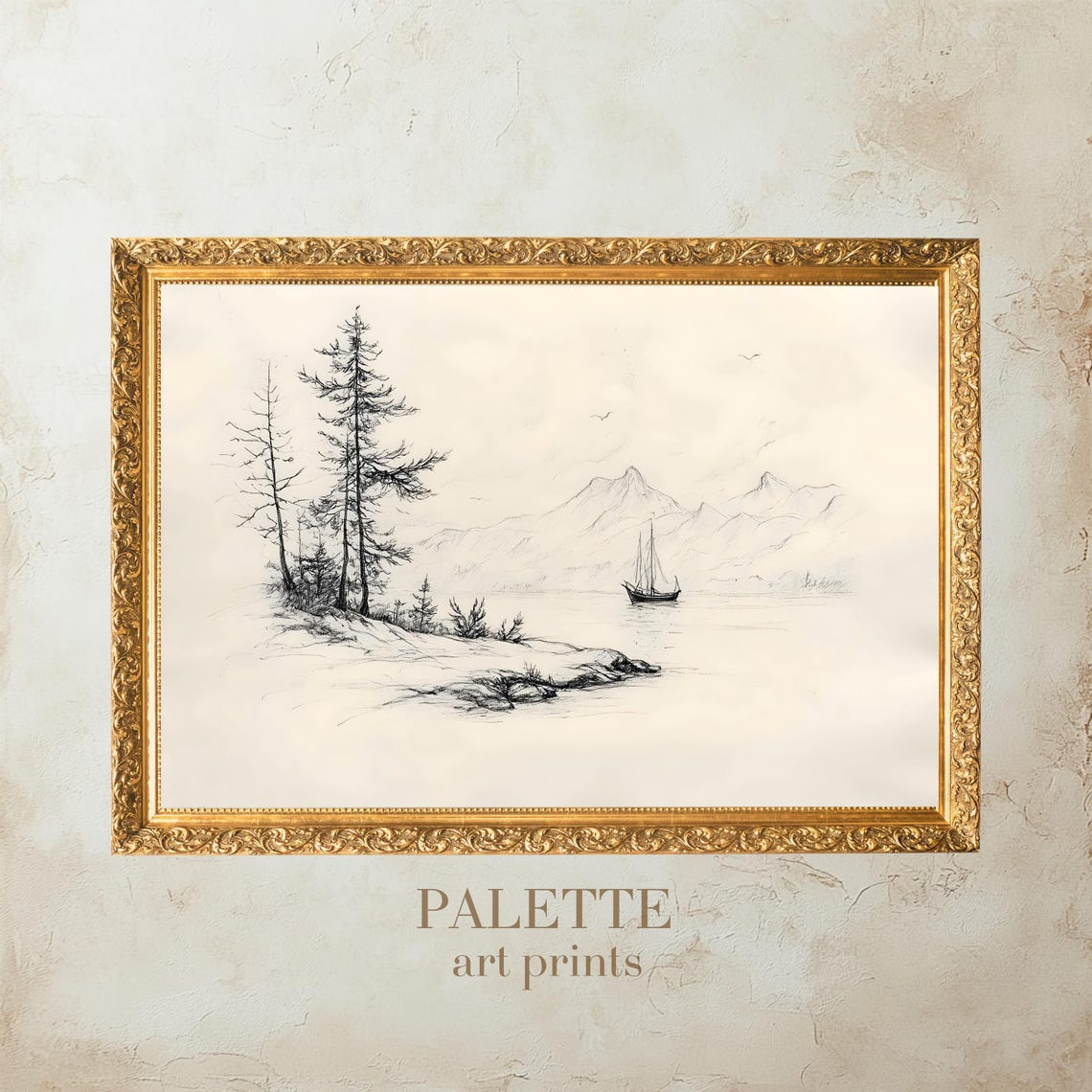 Mountain Lake Sailboat Pine Shore Minimalist Pencil Sketch Print