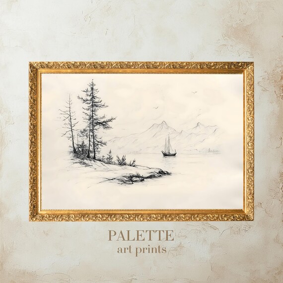 Mountain Lake Sailboat Pine Shore Minimalist Pencil Sketch Print