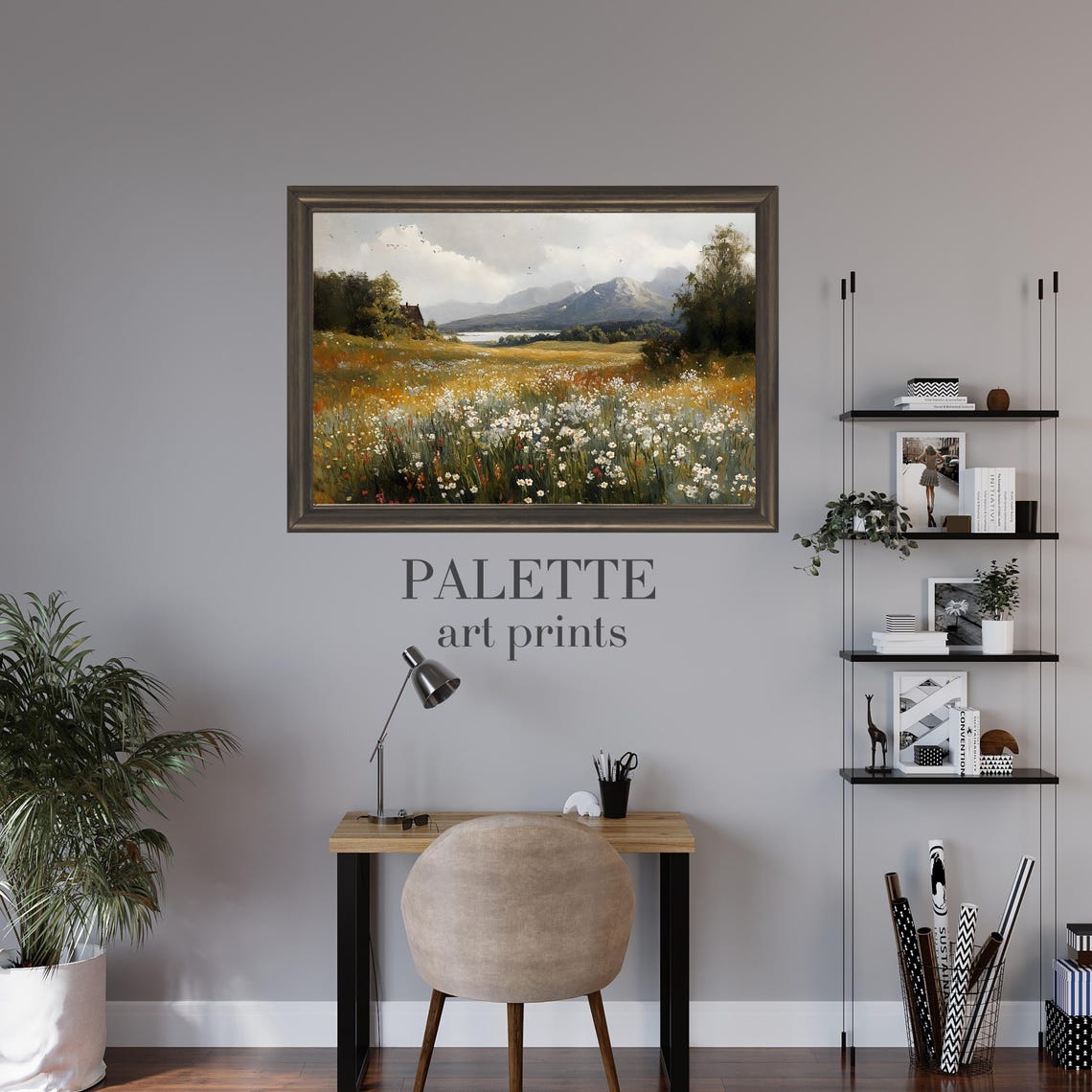 Daisy Meadow Mountain Lake Barn Distant Peaks Floral Landscape Poster - Image 3