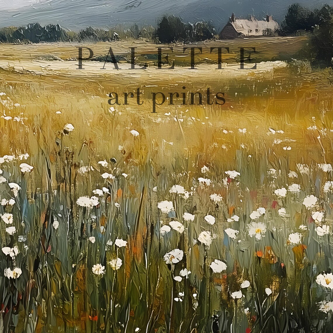 Daisy Meadow Distant Mountains Cottage Pastoral Landscape Poster - Image 3