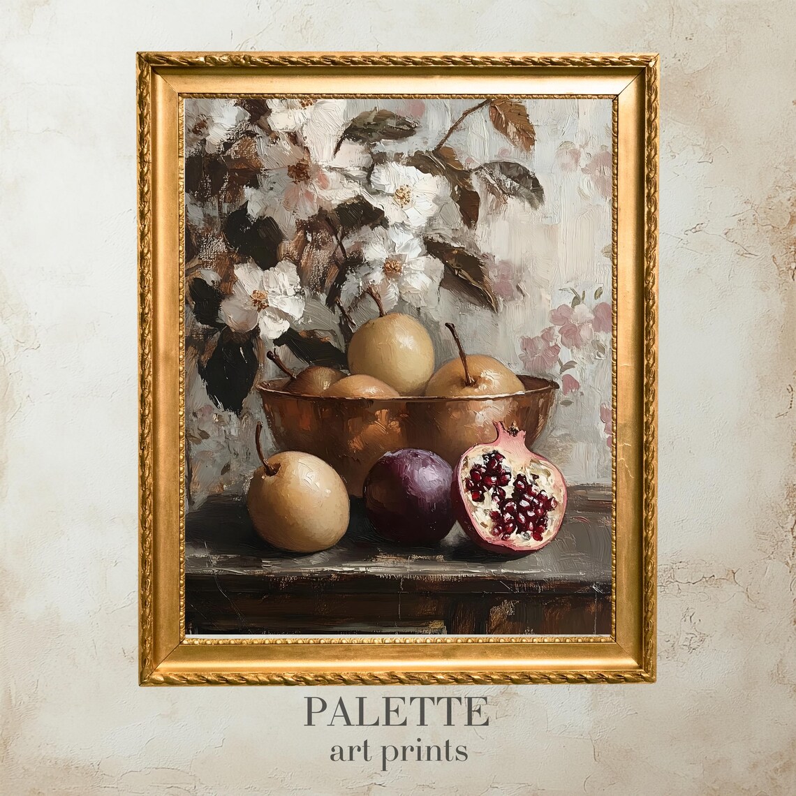 Pear Pomegranate Copper Bowl Blossom Vintage Still Life Print