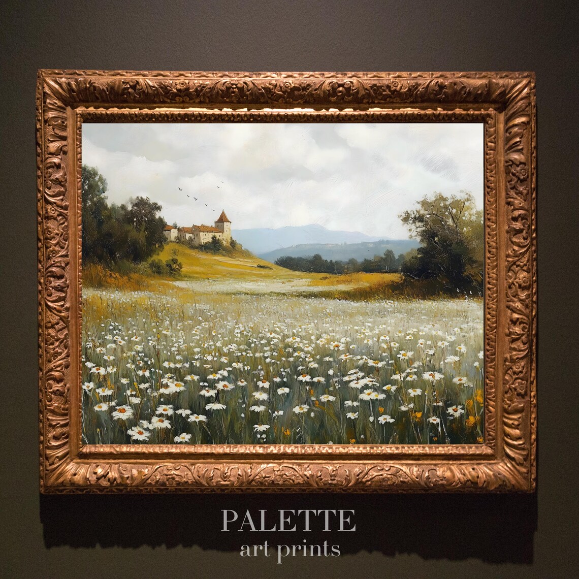 Wild Daisy Field Hilltop Village Vintage Floral Landscape Poster