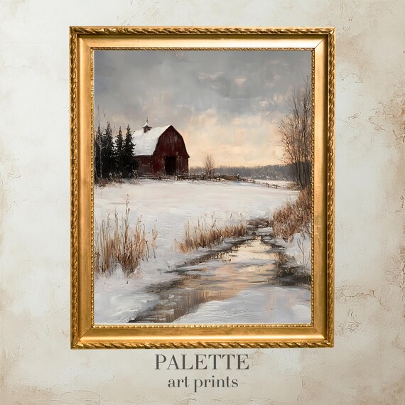 Red Barn Snowy Field Dusk Glow Winding Stream Vintage Painting Poster