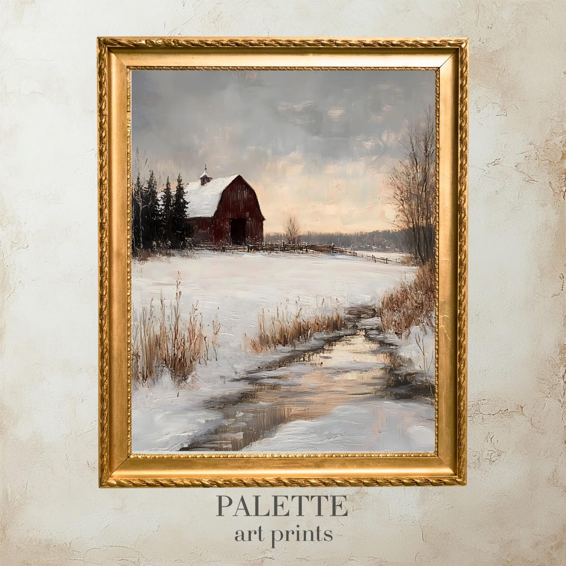 Red Barn Snowy Field Dusk Glow Winding Stream Vintage Painting Poster