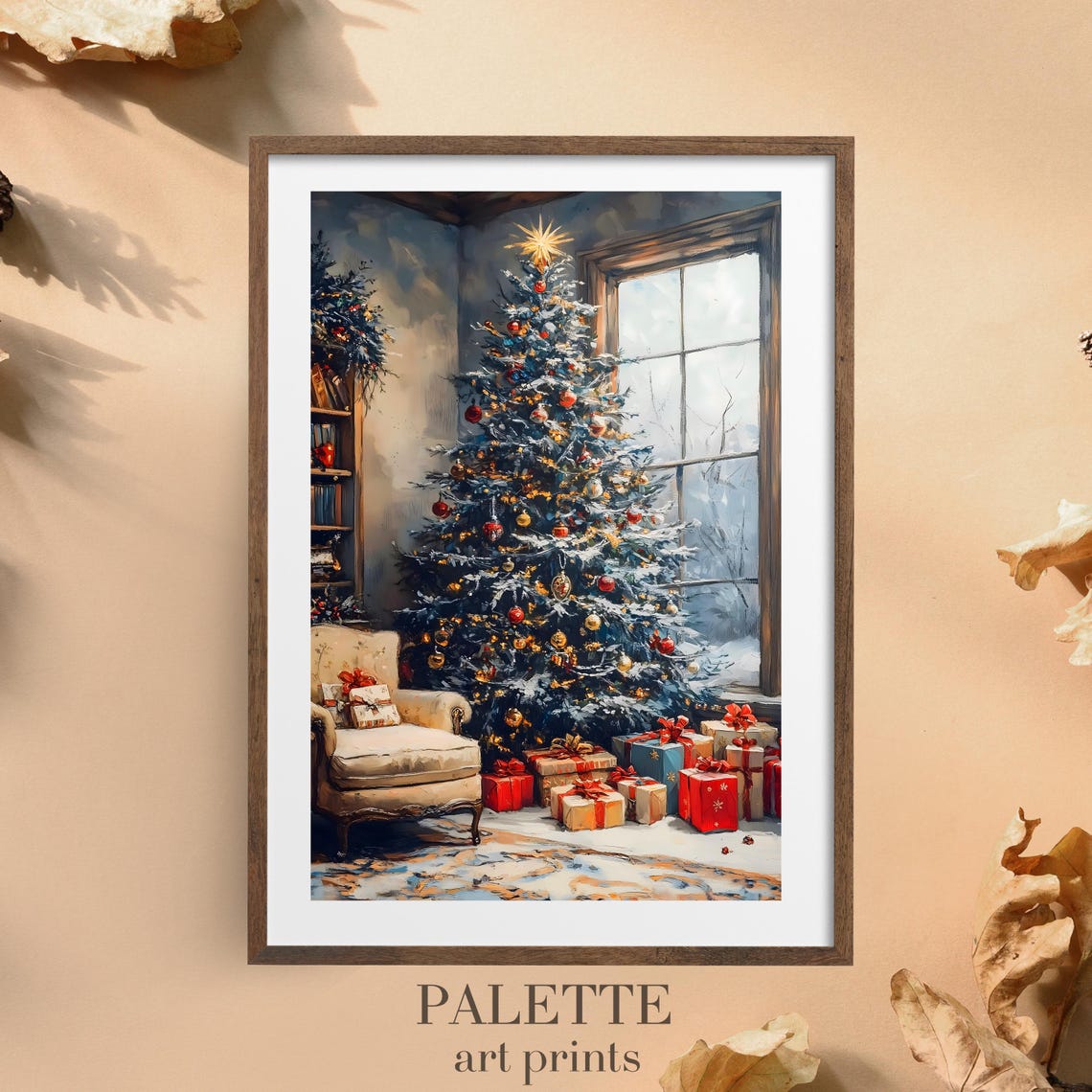 Cozy Reading Nook Christmas Tree Red Ornaments Bookshelf Wall Art - Image 3