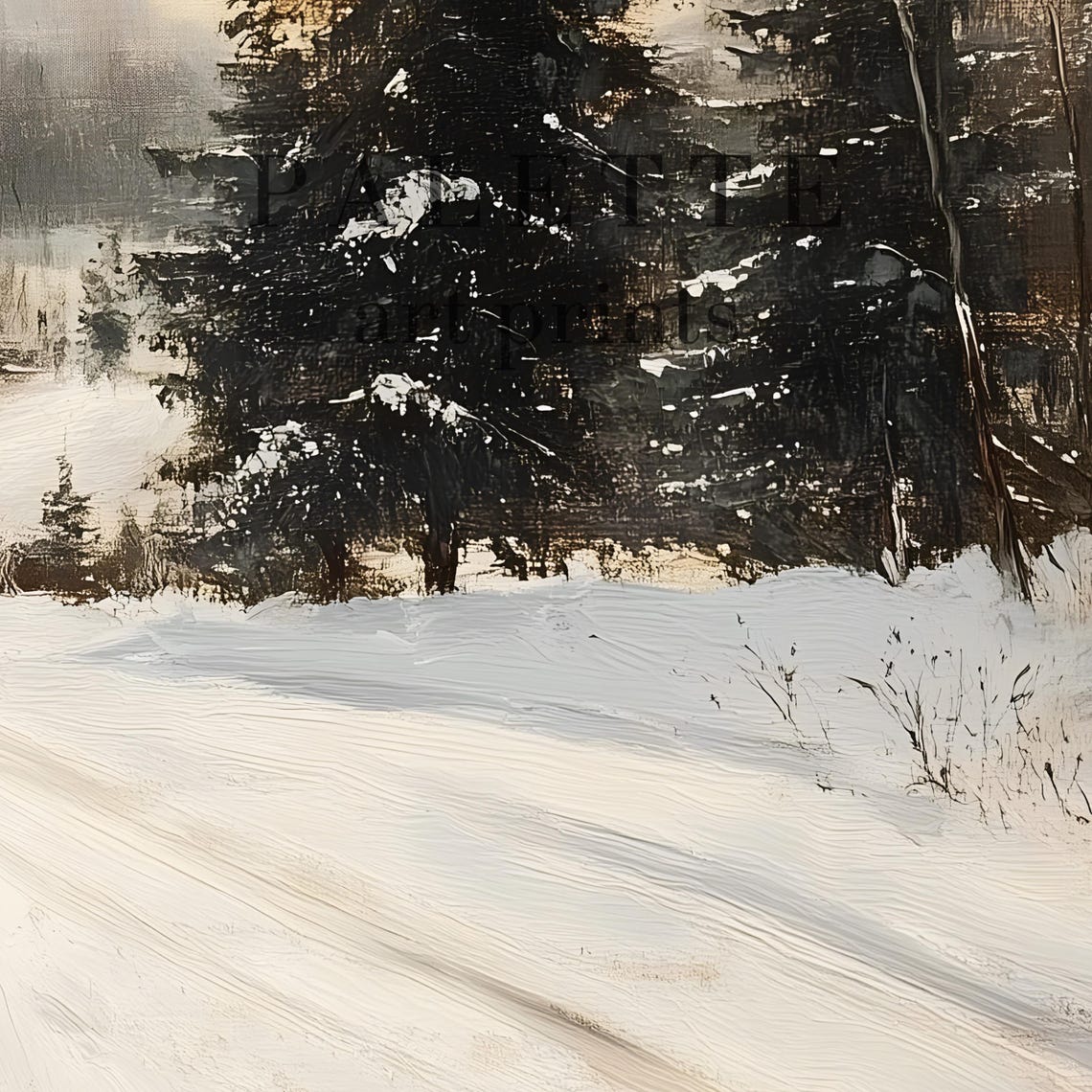 Snowy Forest Road Through Tall Evergreens Winter Landscape Poster - Image 2