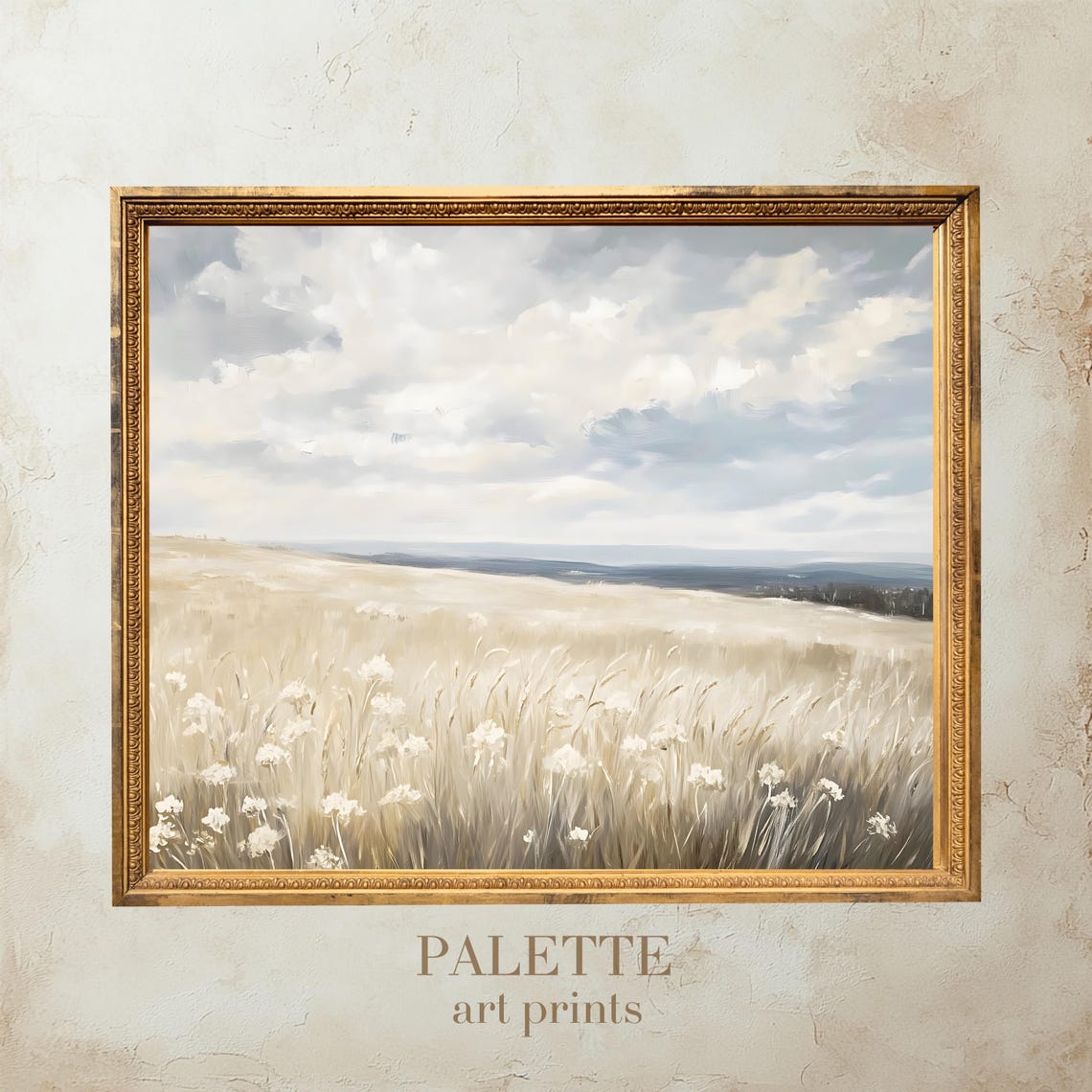 Minimal Neutral Wheat Field Cloudy Sky Farmhouse Style Wall Art - Image 3