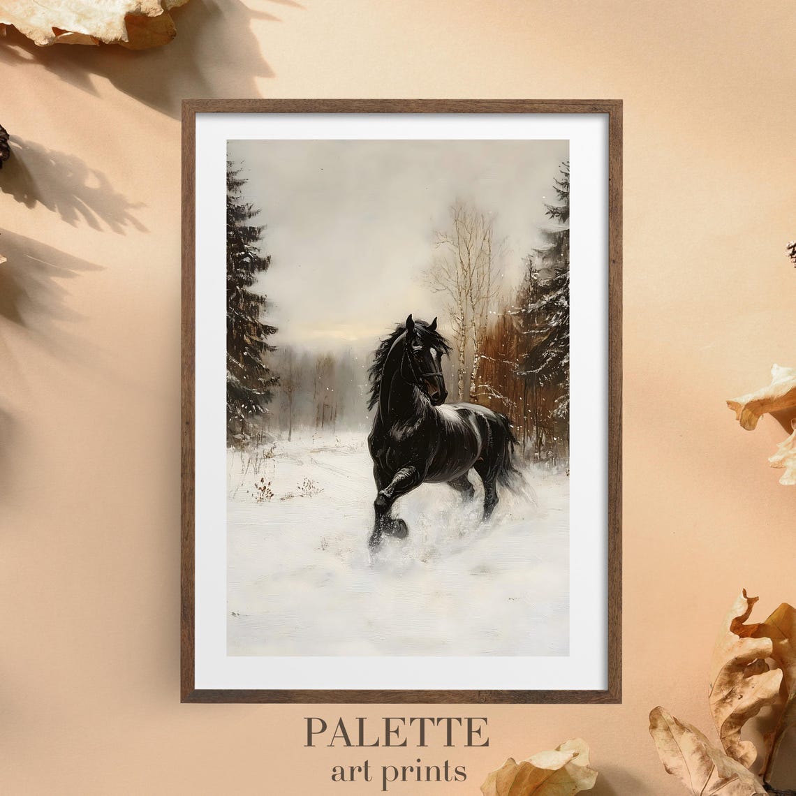 Majestic Black Horse Galloping Through a Snowy Pine Forest Wall Art - Image 3