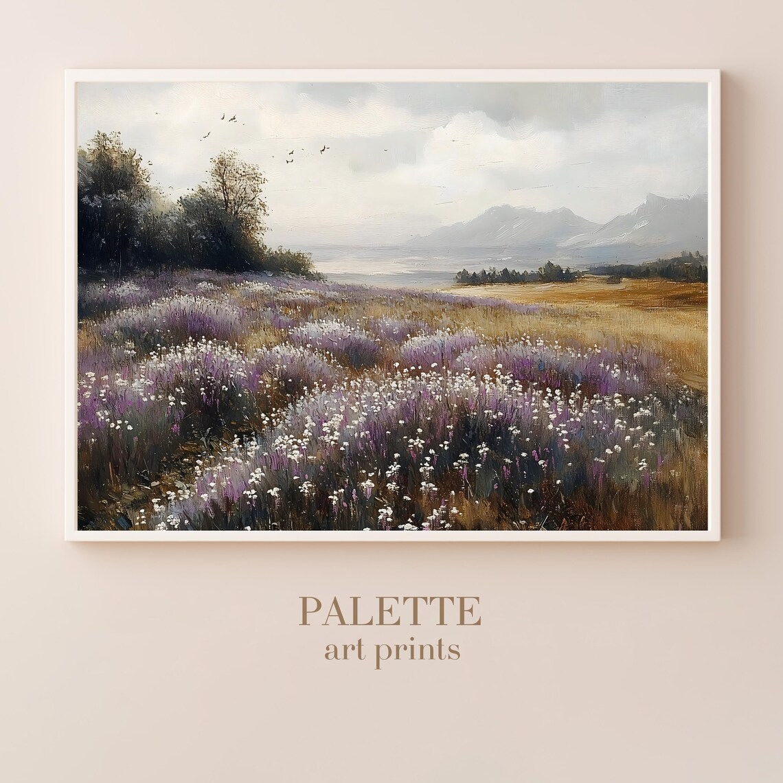 Lavender Meadow Of Purple Wildflowers With Birds In The Sky Poster