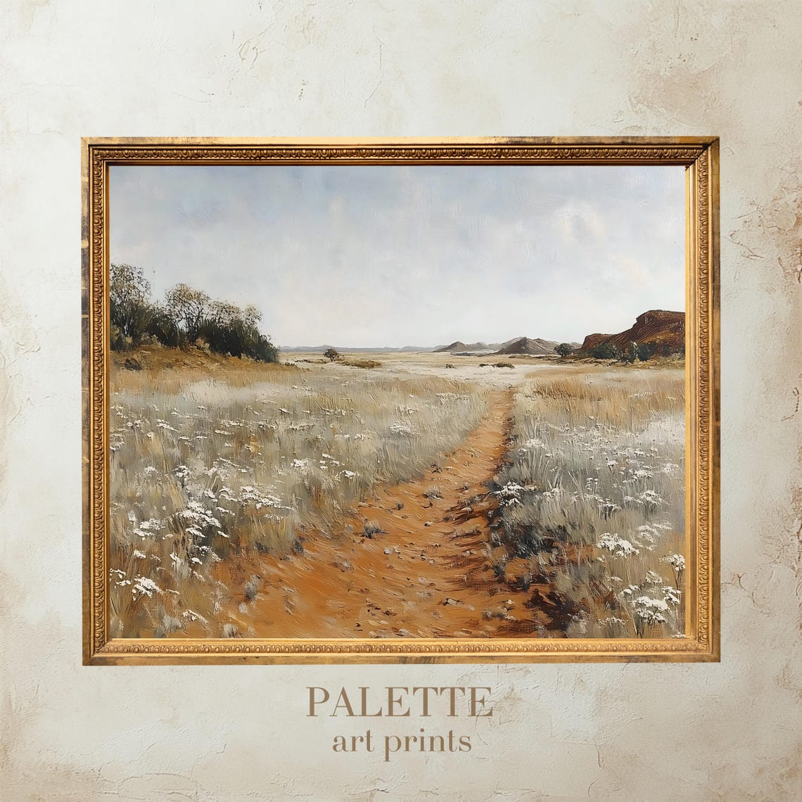 Red Dirt Path Through A Tranquil Dry Grassland Under Wide Sky Poster