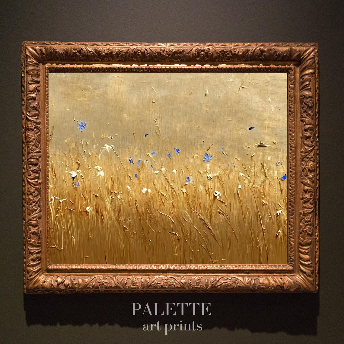 Golden Wheat Field Blue Cornflower Impasto Rustic Harvest Print