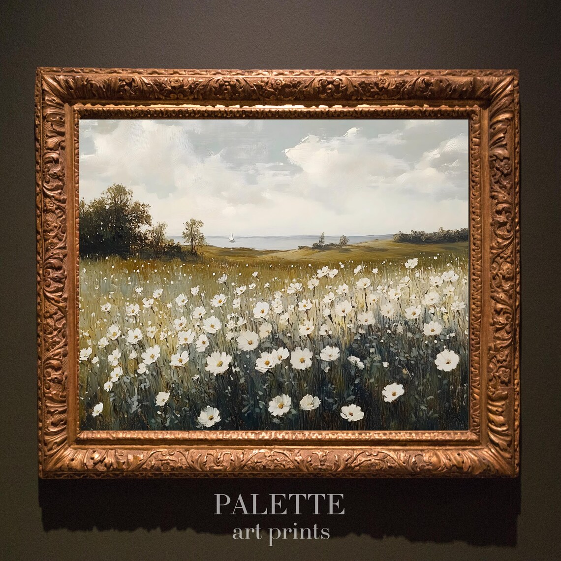 White Daisy Meadow Path Leading to the Sea Sailboat Wall Art - Image 3