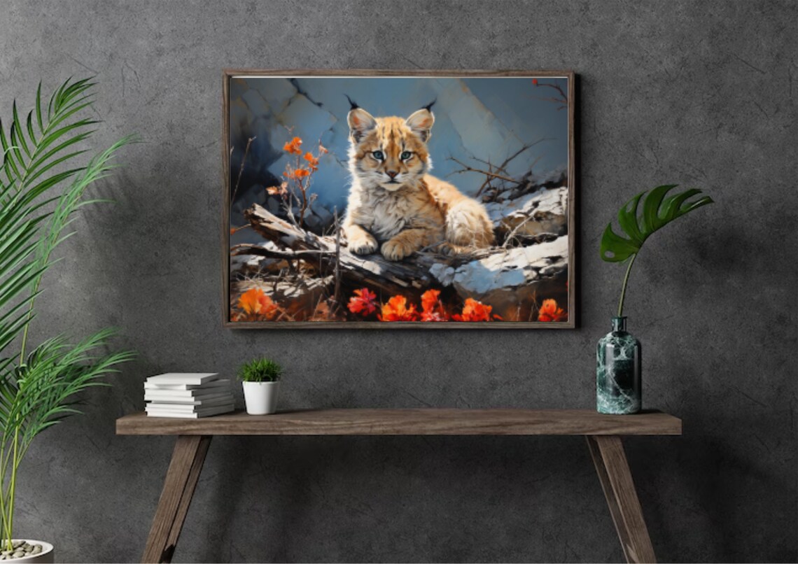Young Lynx Resting On Fallen Log Among Red Leaves Watercolor Poster - Image 5