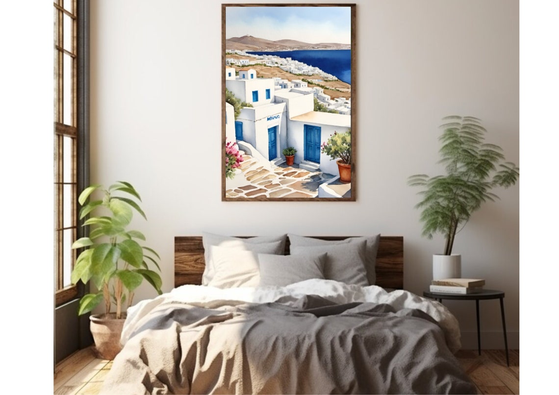 Mykonos Painting Greek Island Watercolor Art Print Cyclades Islands Wall Art Aegean Sea Island Landscape Art Seascape Watercolor Art Poster - Image 3