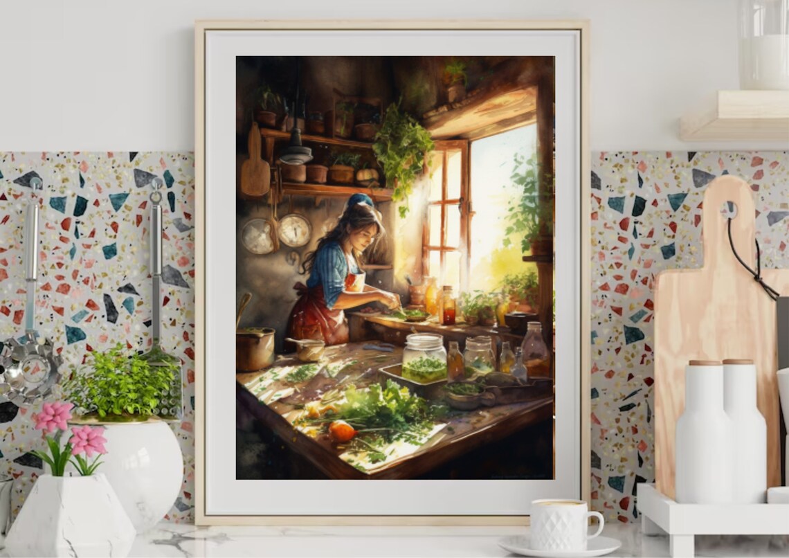 Woman Cooks in a Country Kitchen, French Country Print - Image 5