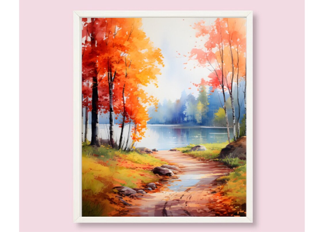Autumn Lake Forest Watercolor Landscape Art Print - Image 6