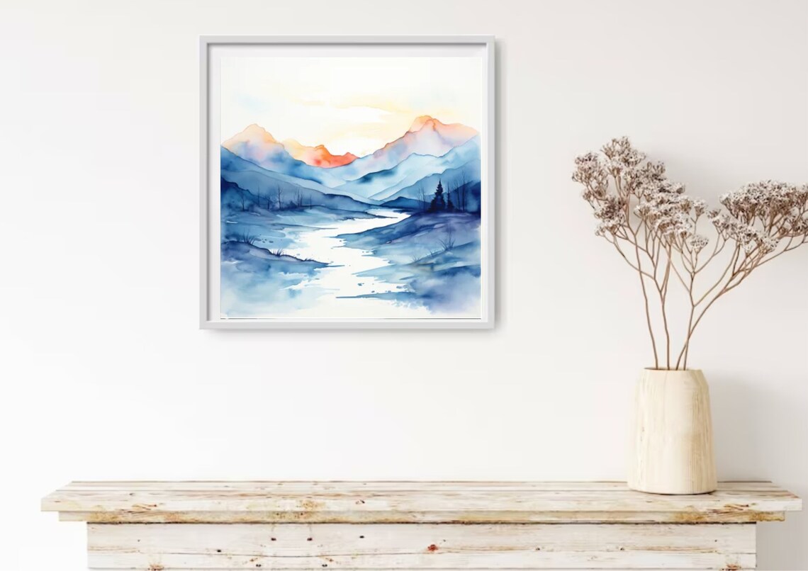 Blue Mountain River Sunset Glow Rosy Peaks Watercolor Landscape Poster - Image 3