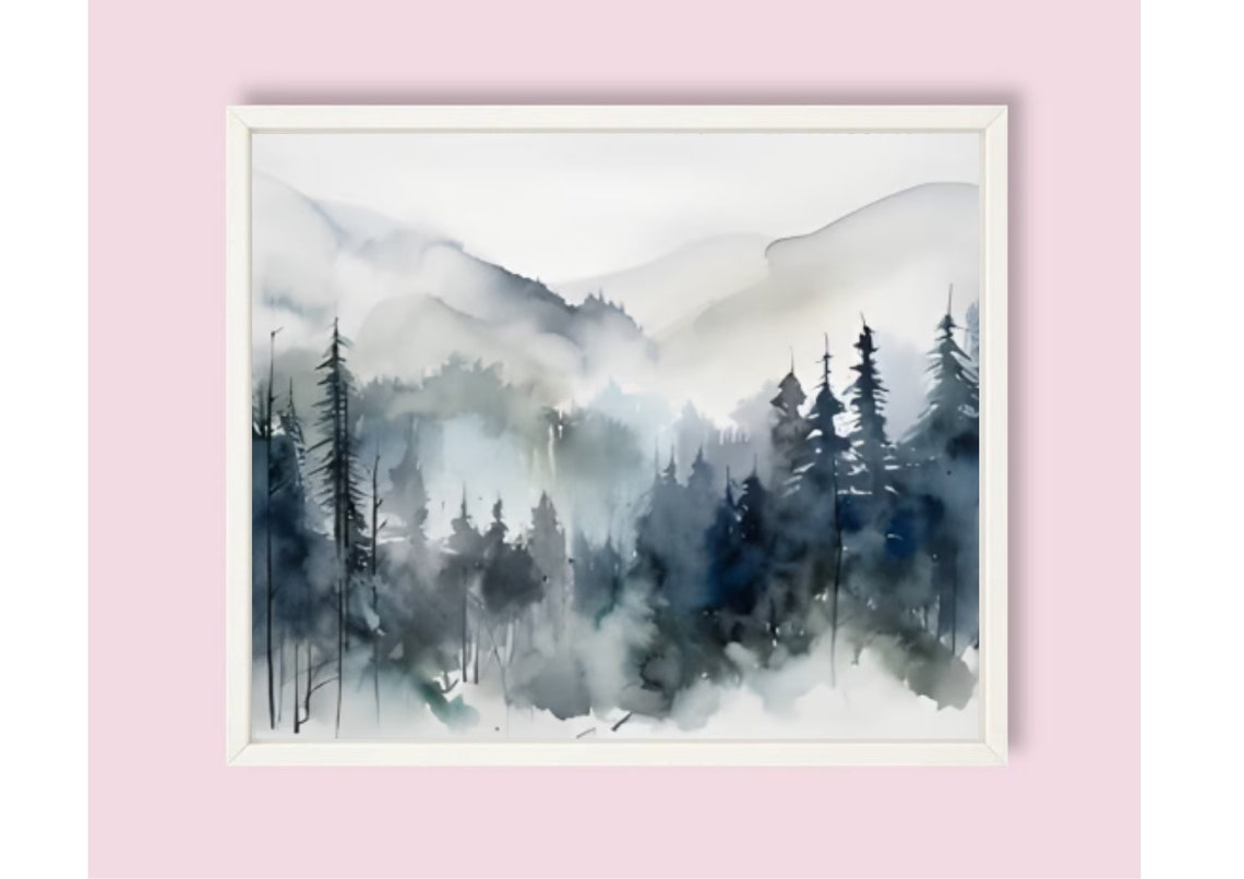 Foggy Pine Forest Soft Gray Blue Hushed Watercolor Landscape Poster - Image 6
