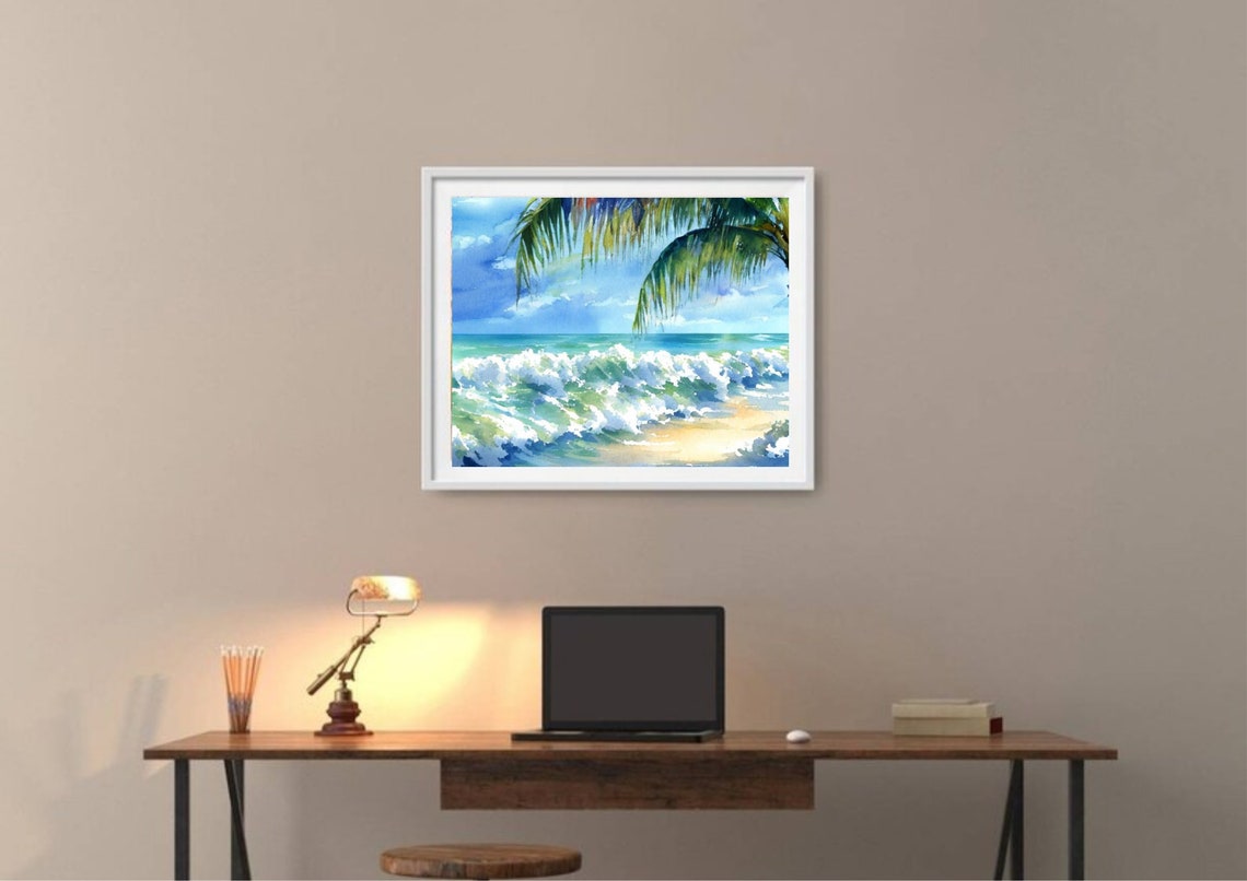 Tropical Sea Beach And Palm Trees Watercolor Painting Tropical Seascape Art Print Sea Coastal Art Large Wall Art Tropical Island Landscape - Image 2
