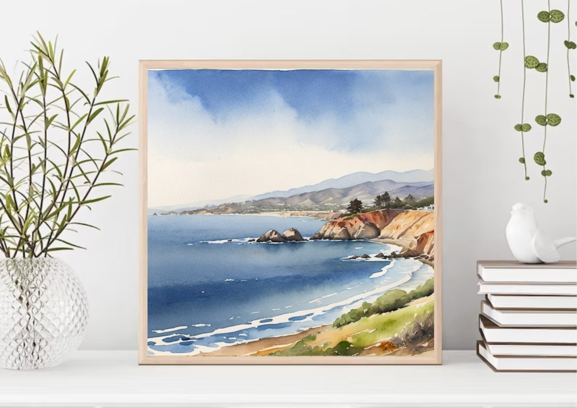 California Rocky Coastline With Waves And Cliffs Watercolor Poster - Image 3