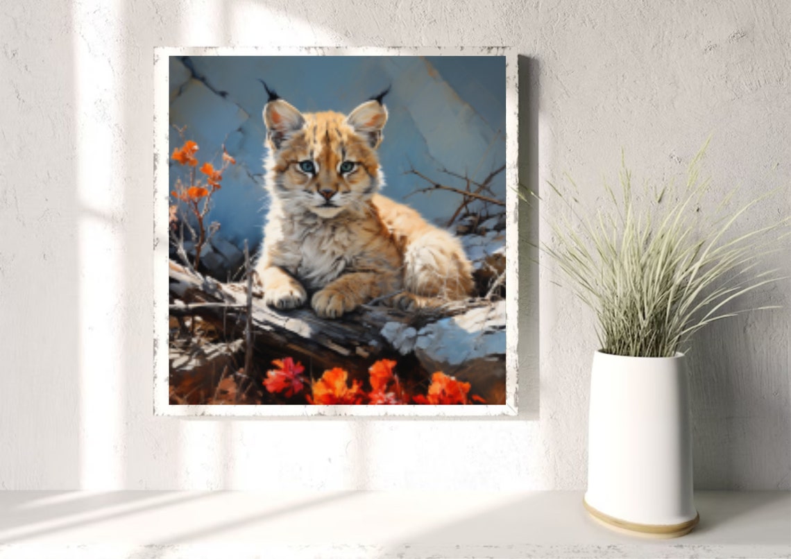 Young Lynx Resting On Fallen Log Among Red Leaves Watercolor Poster - Image 4