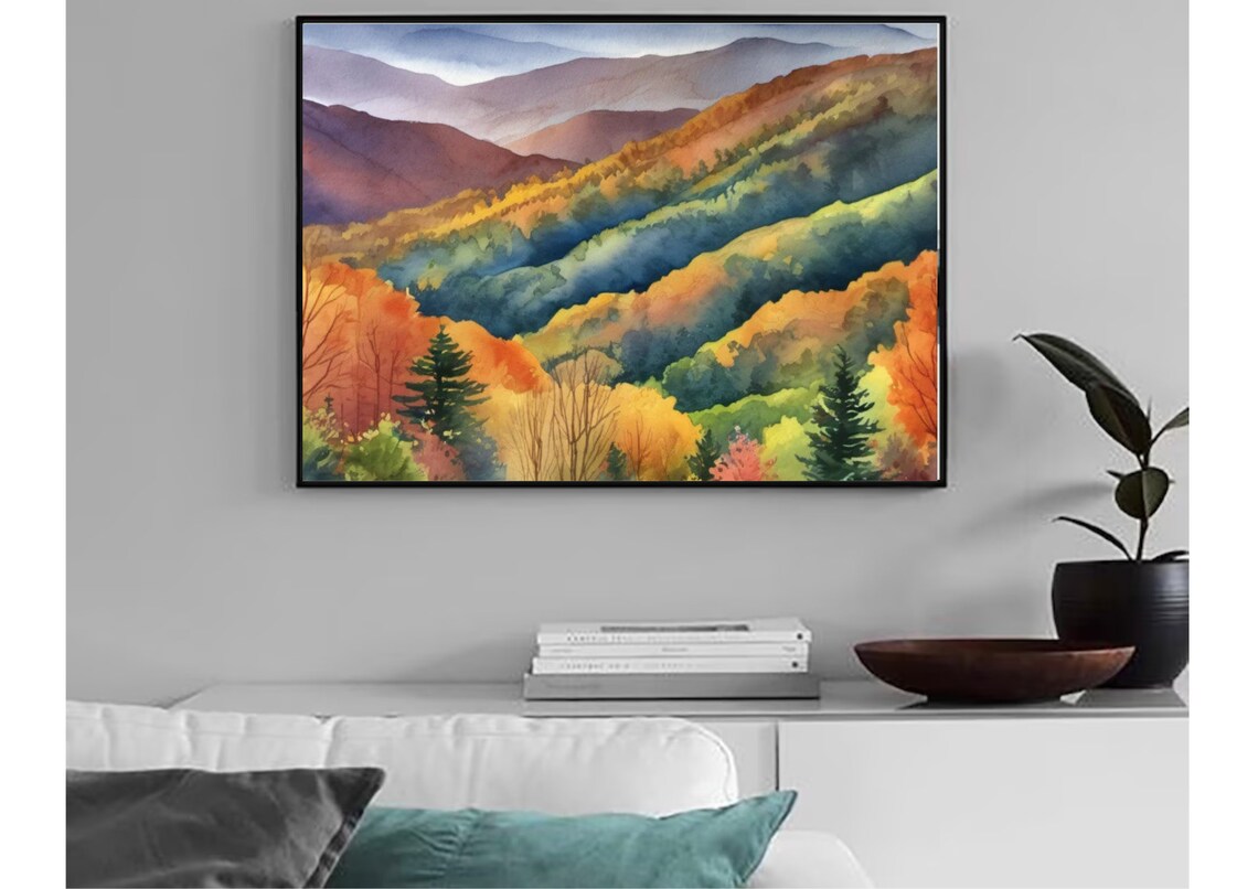 Smoky Mountains Watercolor Art Print, Fall Landscape - Image 4