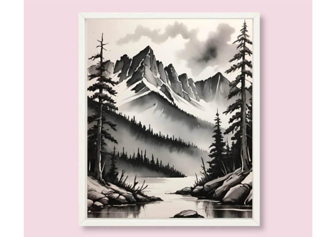 Black White Rocky Mountains River Ink Watercolor Sketch Art Poster - Image 6