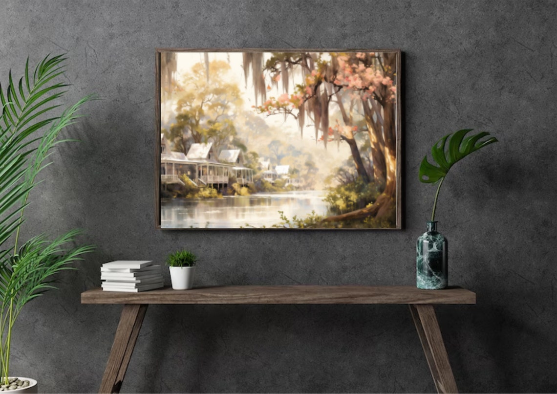 New Orleans Painting Louisiana Landscape Watercolor Art Print Lake House Wall Art Tree Art Louisiana Cityscape And Lake Fine Art Print - Image 5