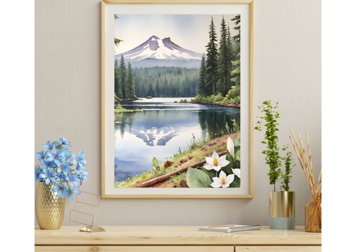 Trillium Lake Watercolor Art Print, Mt Hood Oregon - Image 4