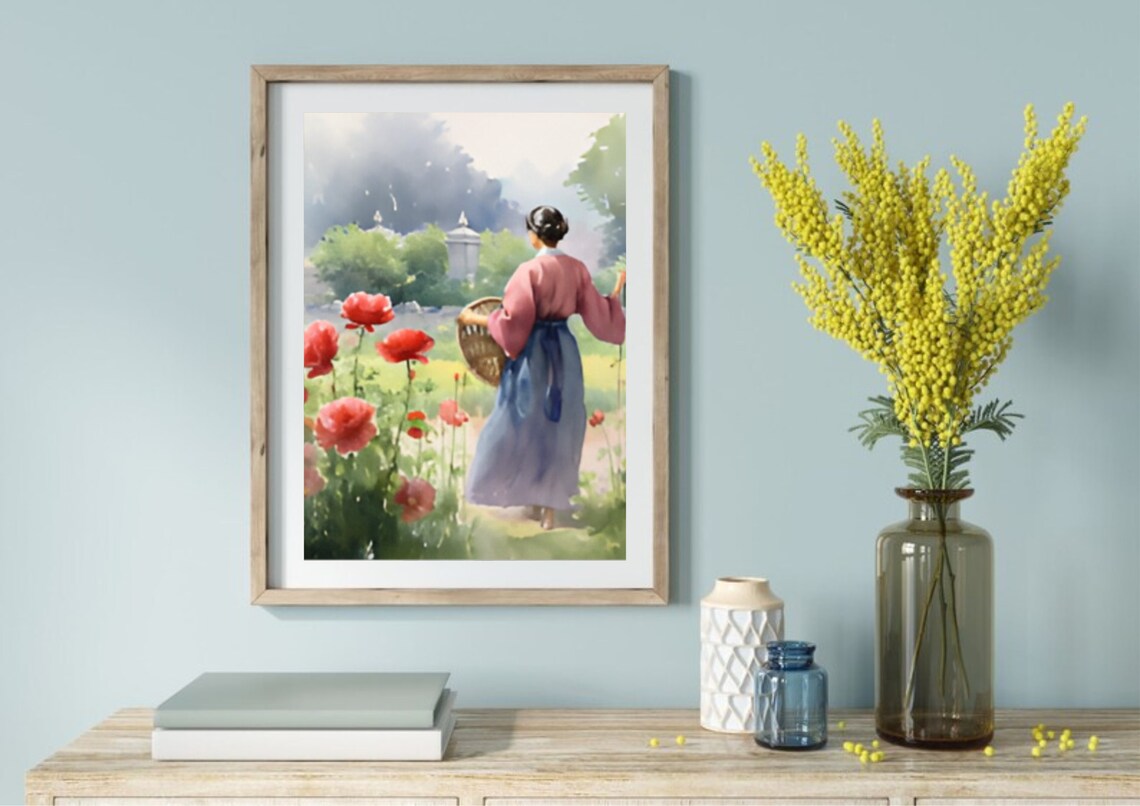 Woman in Poppy Garden With Basket From Behind Watercolor Art Poster - Image 5