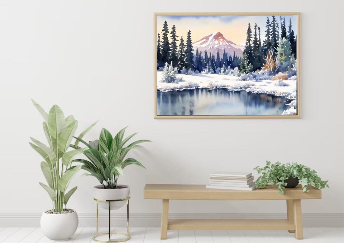 Winter Mountain Lake Watercolor Sunset Over Snowy Peaks Poster - Image 5