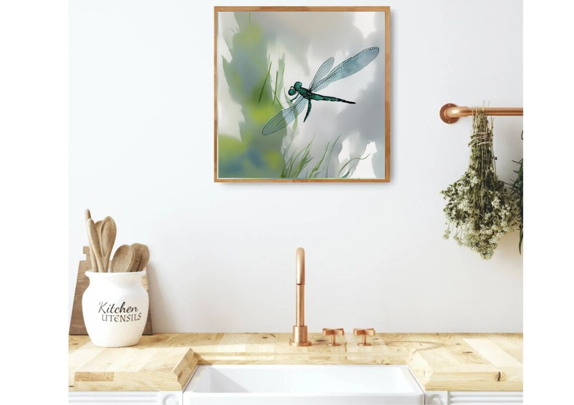 Dragonfly Watercolor Meadow Painting Dragonfly Art Print Botanical Wall Art Insects Watercolor Painting Green Blue White Floral Poster - Image 2