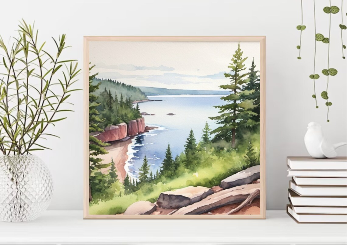 Lake Superior Painting Mountain Lake Watercolor Art Print Pine Fores Wall Art Great Lakes Of North America Panoramic Evergreen Landscape Art - Image 3