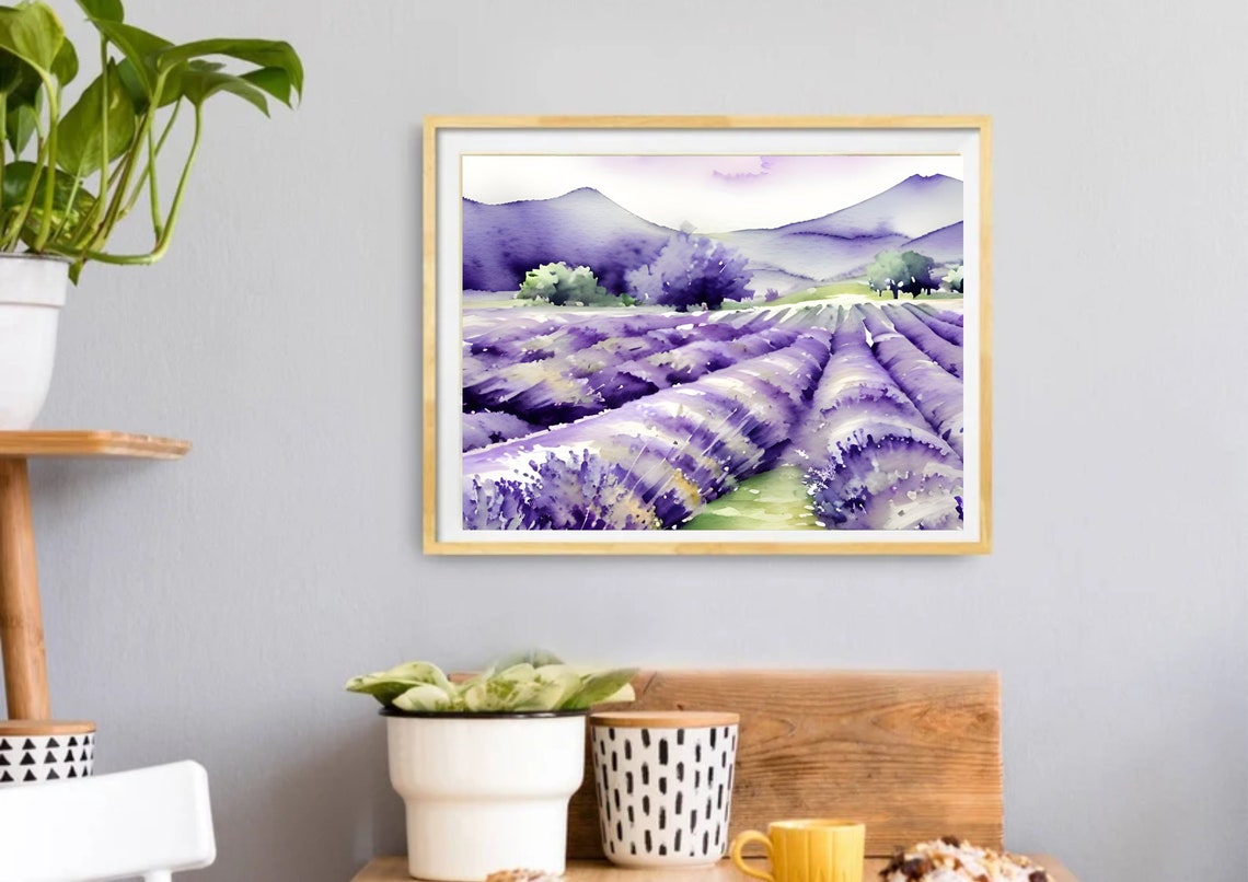 Lavender Field Watercolor Painting Print Provence Watercolor Foggy Meadow Art Print Field Of Flowers Wall Art Panoramic Landscape Large Art - Image 5
